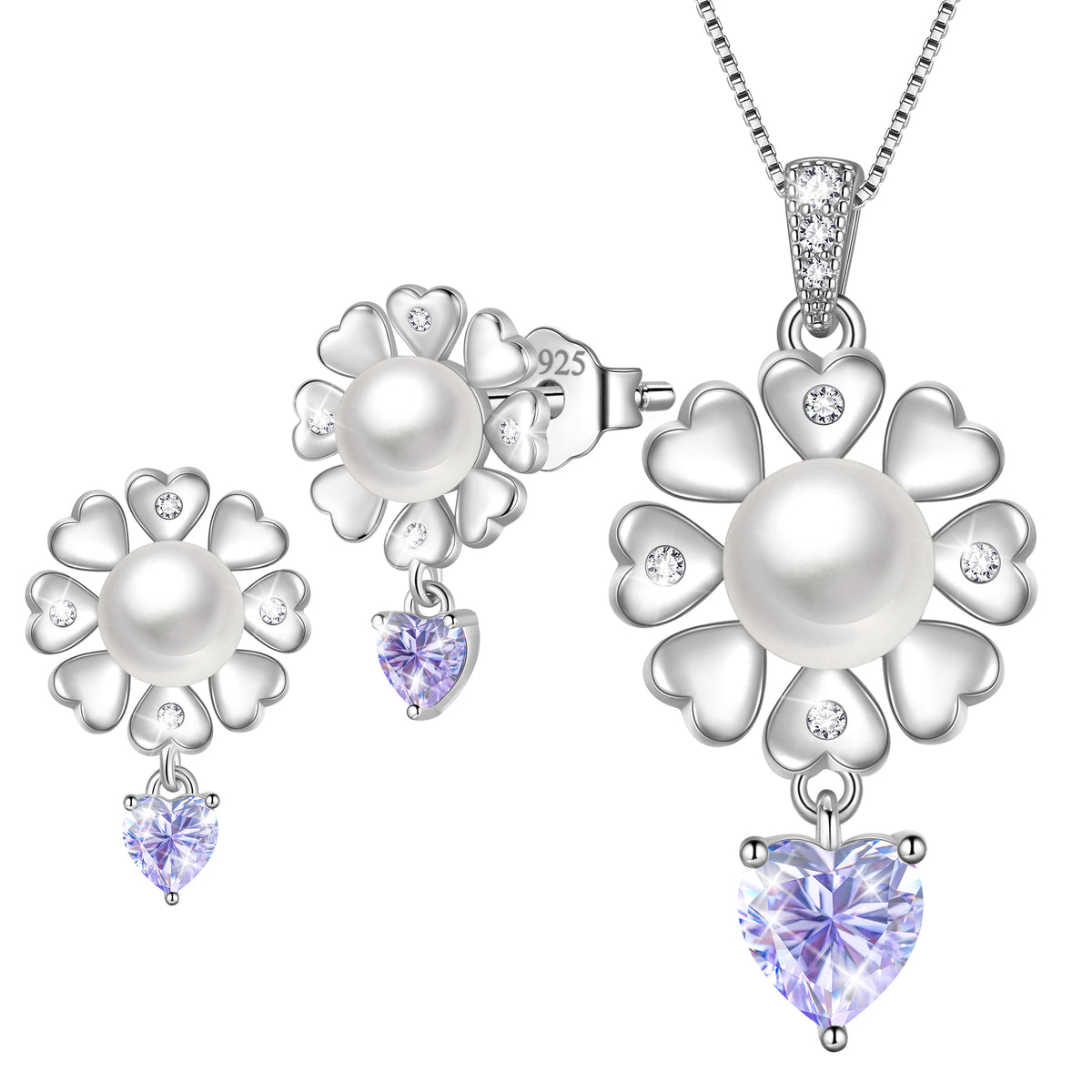 Fasjewly Flower Natural Pearl Jewelry Set,925 Sterling Silver Heart Birthstone Necklace and Stud Earrings Set Birthday Anniversary Christmas Jewelry Gifts for Women / Wife / Lovers