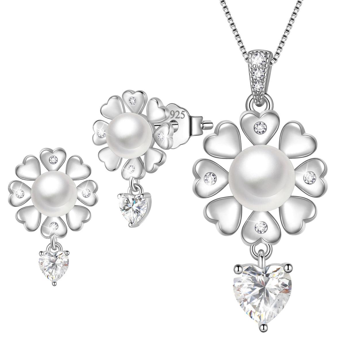 Fasjewly Flower Natural Pearl Jewelry Set,925 Sterling Silver Heart Birthstone Necklace and Stud Earrings Set Birthday Anniversary Christmas Jewelry Gifts for Women / Wife / Lovers
