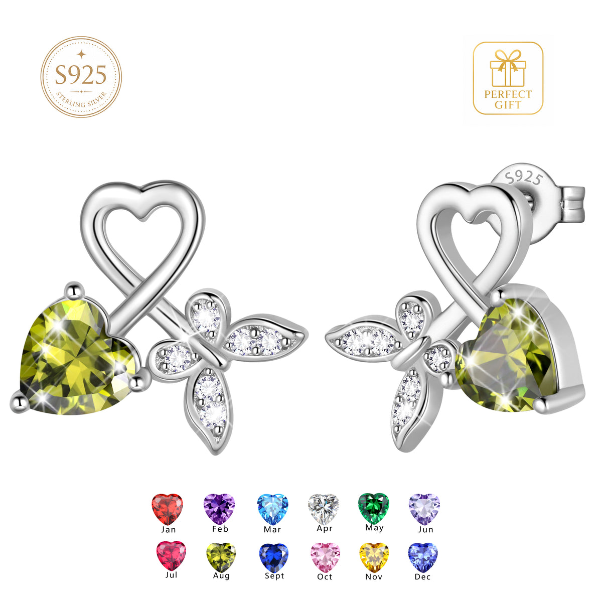 Beautlace 925 Sterling Silver Heart Stud Earrings,Butterfly Birthstone Earrings Jewelry,Birthday Christmas Anniversary Gift for Women/Mom/Wife