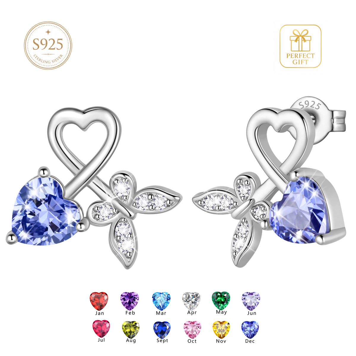 Beautlace 925 Sterling Silver Heart Stud Earrings,Butterfly Birthstone Earrings Jewelry,Birthday Christmas Anniversary Gift for Women/Mom/Wife