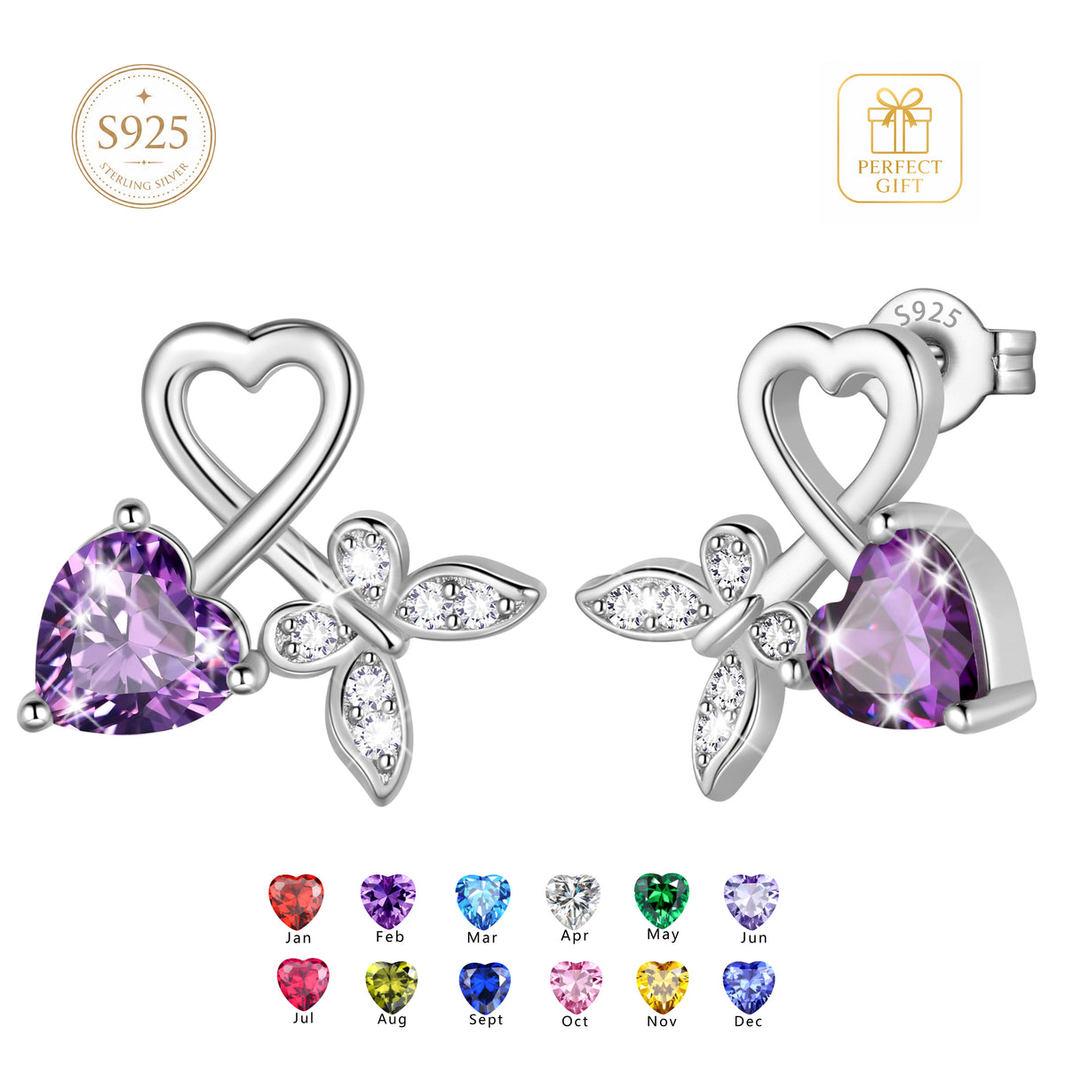 Beautlace 925 Sterling Silver Heart Stud Earrings,Butterfly Birthstone Earrings Jewelry,Birthday Christmas Anniversary Gift for Women/Mom/Wife