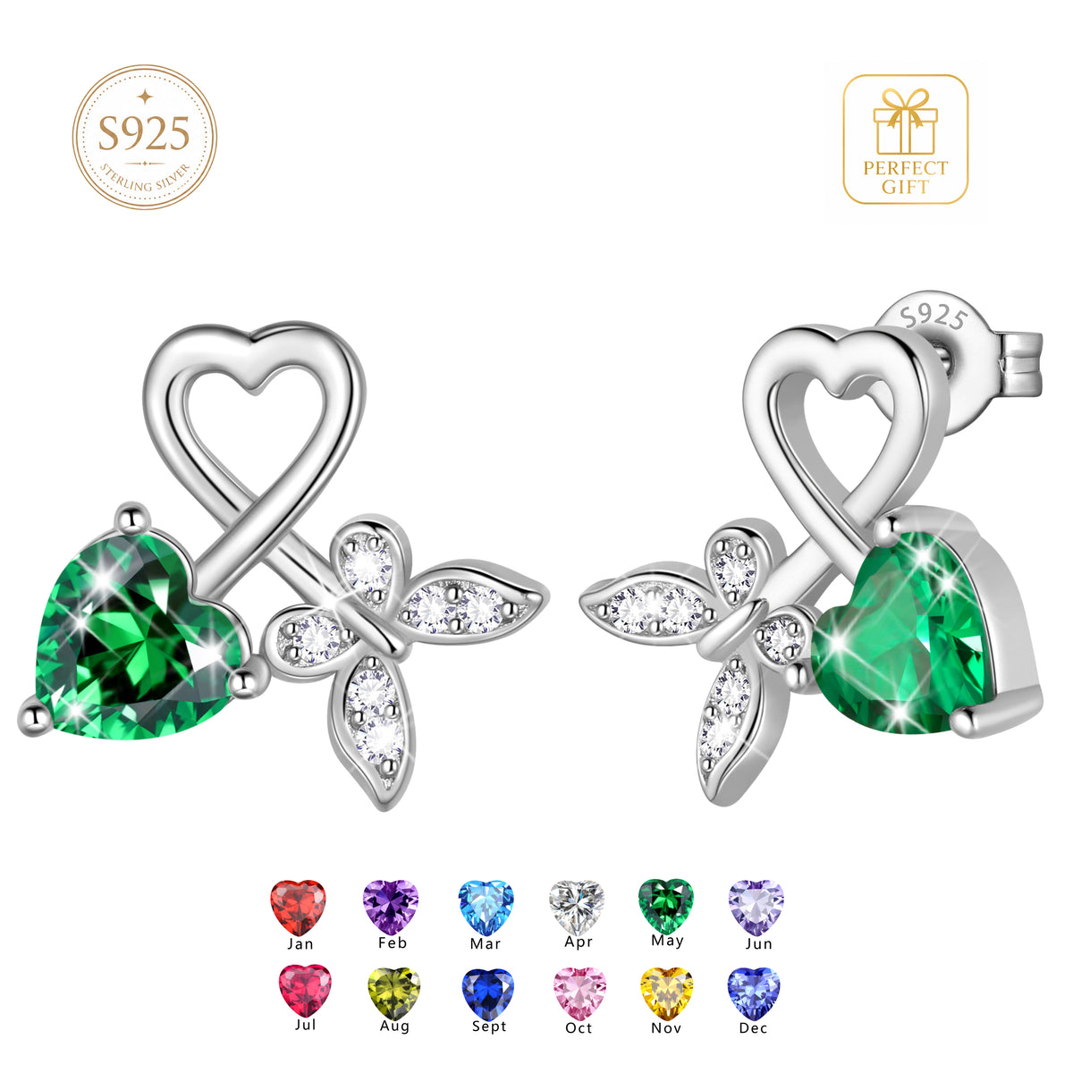 Beautlace 925 Sterling Silver Heart Stud Earrings,Butterfly Birthstone Earrings Jewelry,Birthday Christmas Anniversary Gift for Women/Mom/Wife