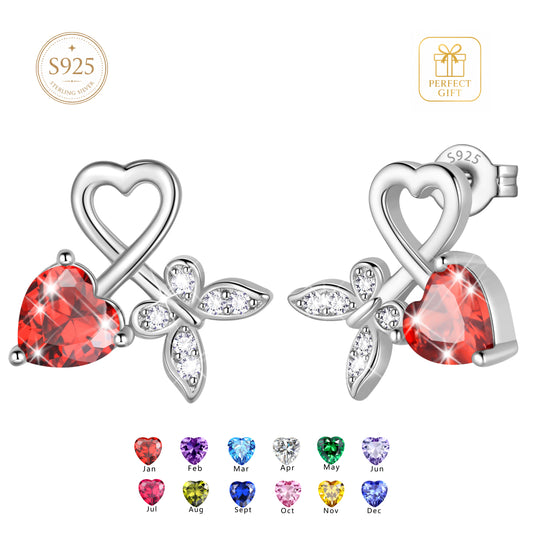 Beautlace 925 Sterling Silver Heart Stud Earrings,Butterfly Birthstone Earrings Jewelry,Birthday Christmas Anniversary Gift for Women/Mom/Wife
