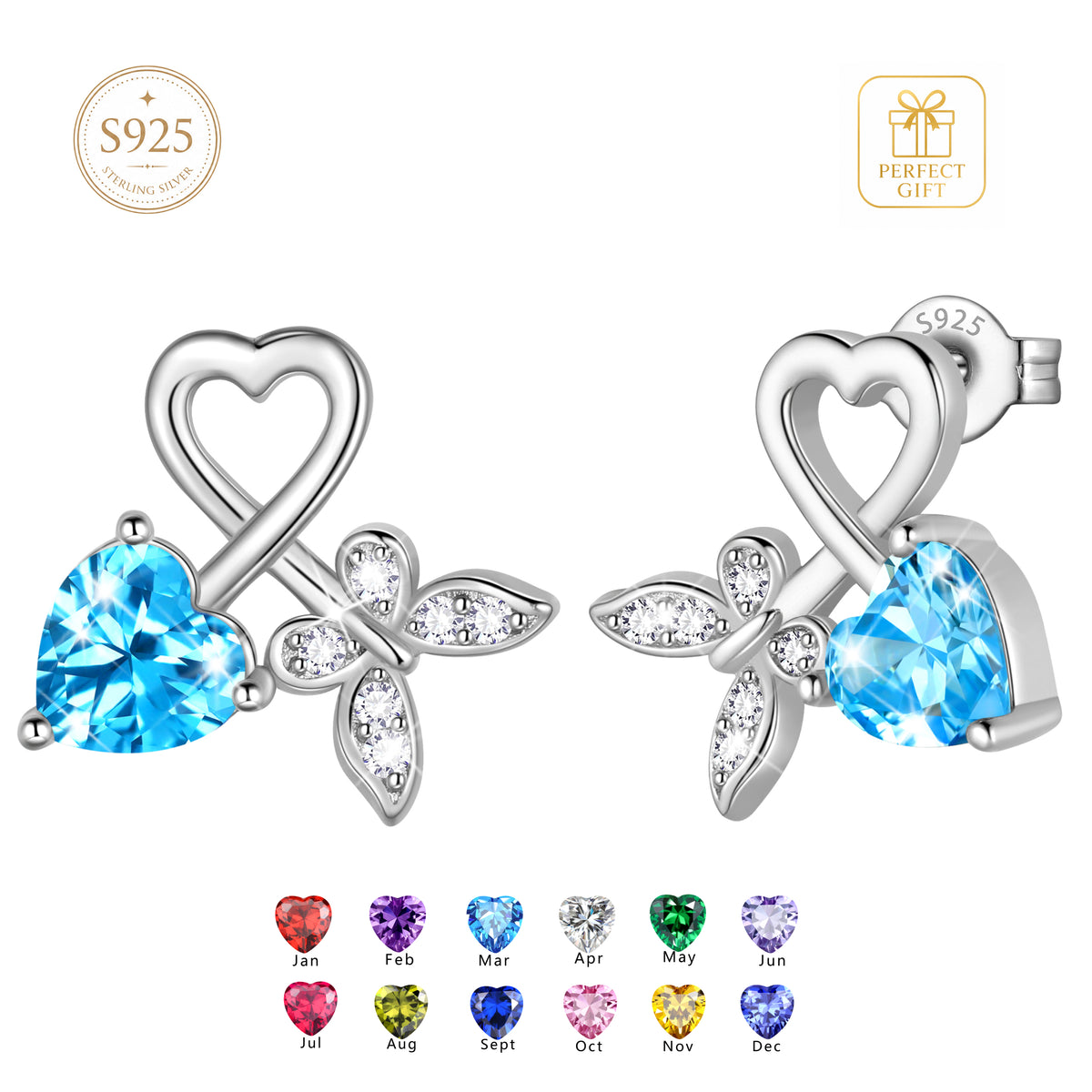 Beautlace 925 Sterling Silver Heart Stud Earrings,Butterfly Birthstone Earrings Jewelry,Birthday Christmas Anniversary Gift for Women/Mom/Wife