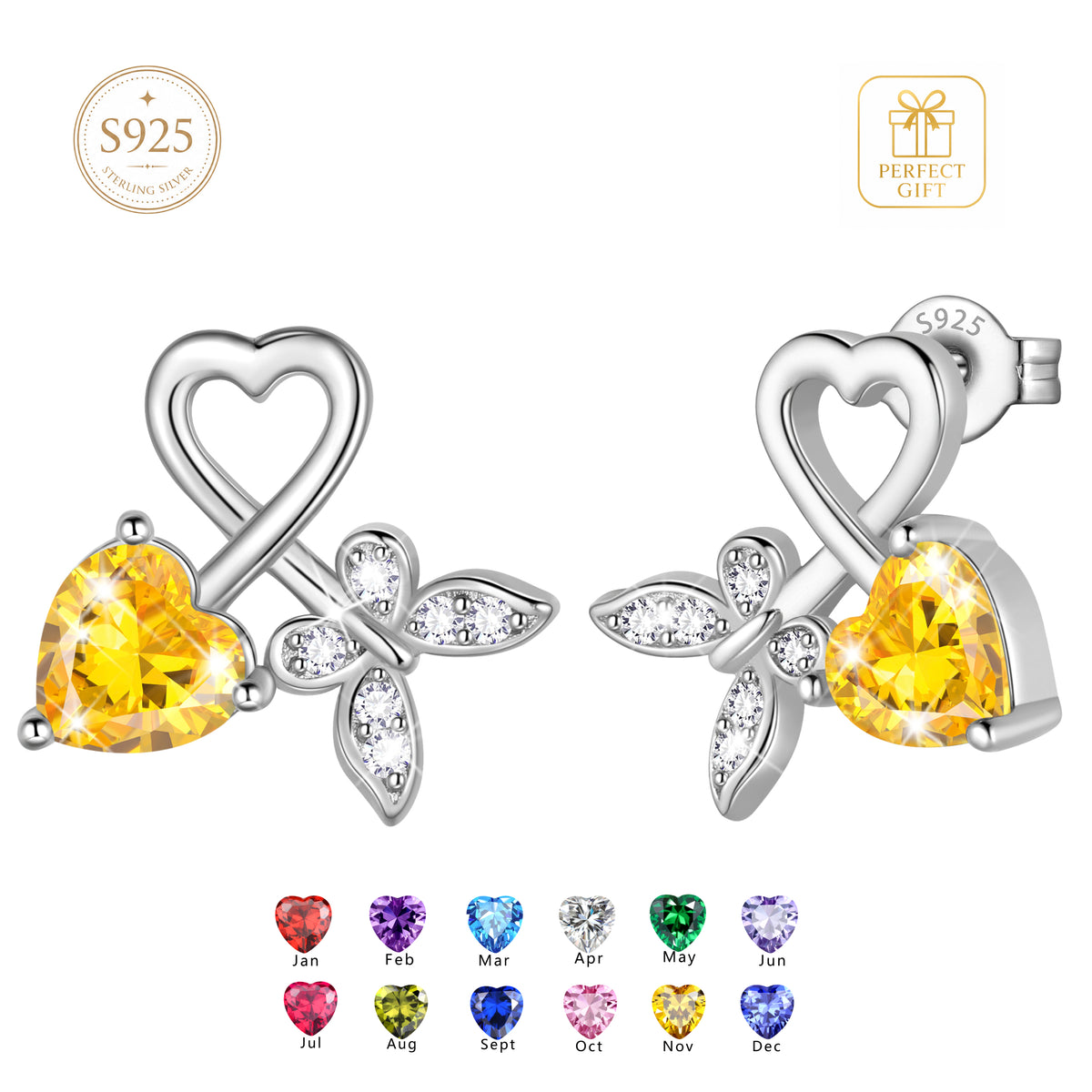 Beautlace 925 Sterling Silver Heart Stud Earrings,Butterfly Birthstone Earrings Jewelry,Birthday Christmas Anniversary Gift for Women/Mom/Wife