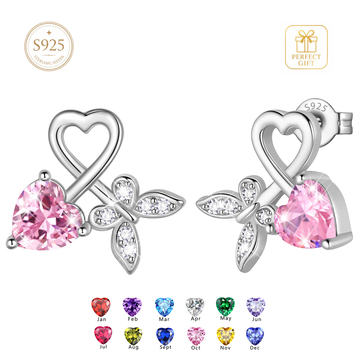 Beautlace 925 Sterling Silver Heart Stud Earrings,Butterfly Birthstone Earrings Jewelry,Birthday Christmas Anniversary Gift for Women/Mom/Wife