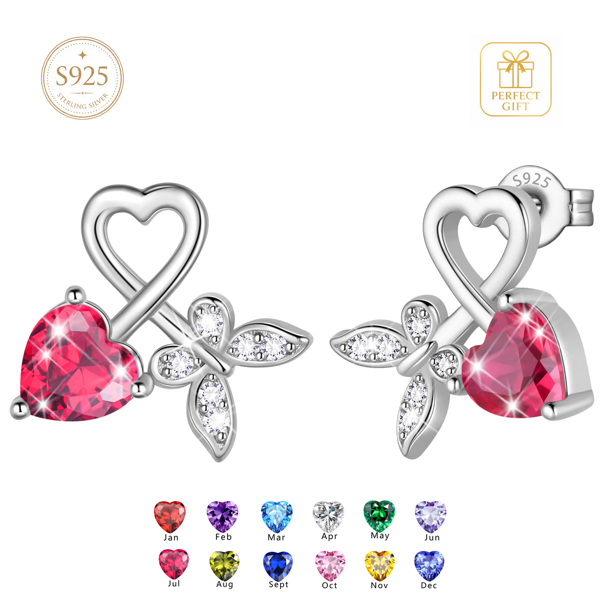 Beautlace 925 Sterling Silver Heart Stud Earrings,Butterfly Birthstone Earrings Jewelry,Birthday Christmas Anniversary Gift for Women/Mom/Wife