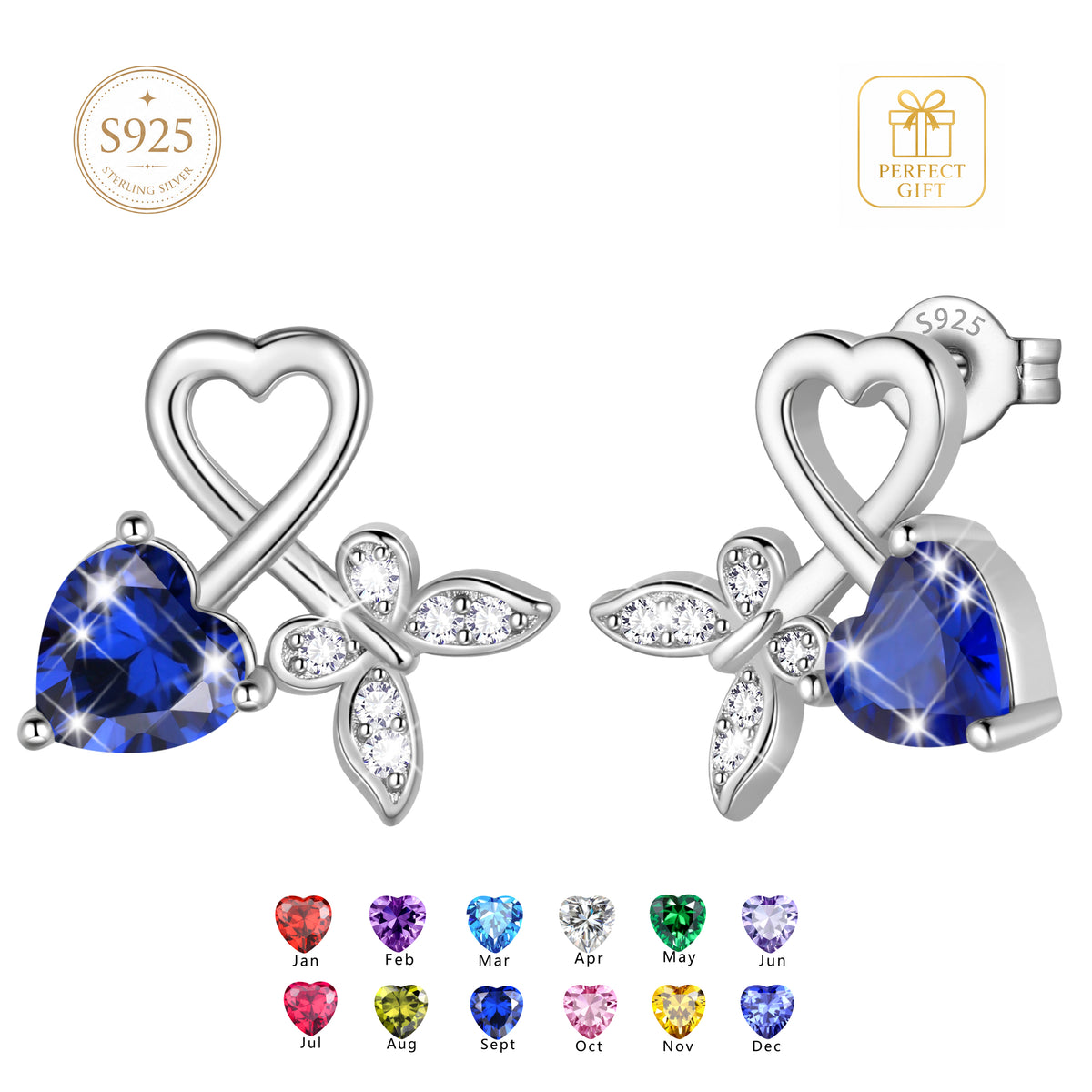 Beautlace 925 Sterling Silver Heart Stud Earrings,Butterfly Birthstone Earrings Jewelry,Birthday Christmas Anniversary Gift for Women/Mom/Wife