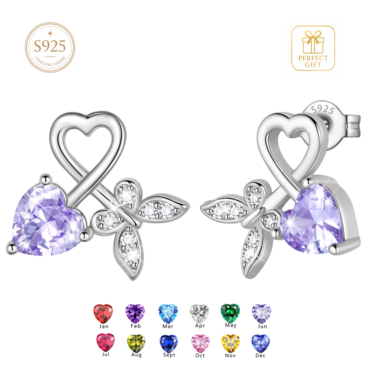 Beautlace 925 Sterling Silver Heart Stud Earrings,Butterfly Birthstone Earrings Jewelry,Birthday Christmas Anniversary Gift for Women/Mom/Wife