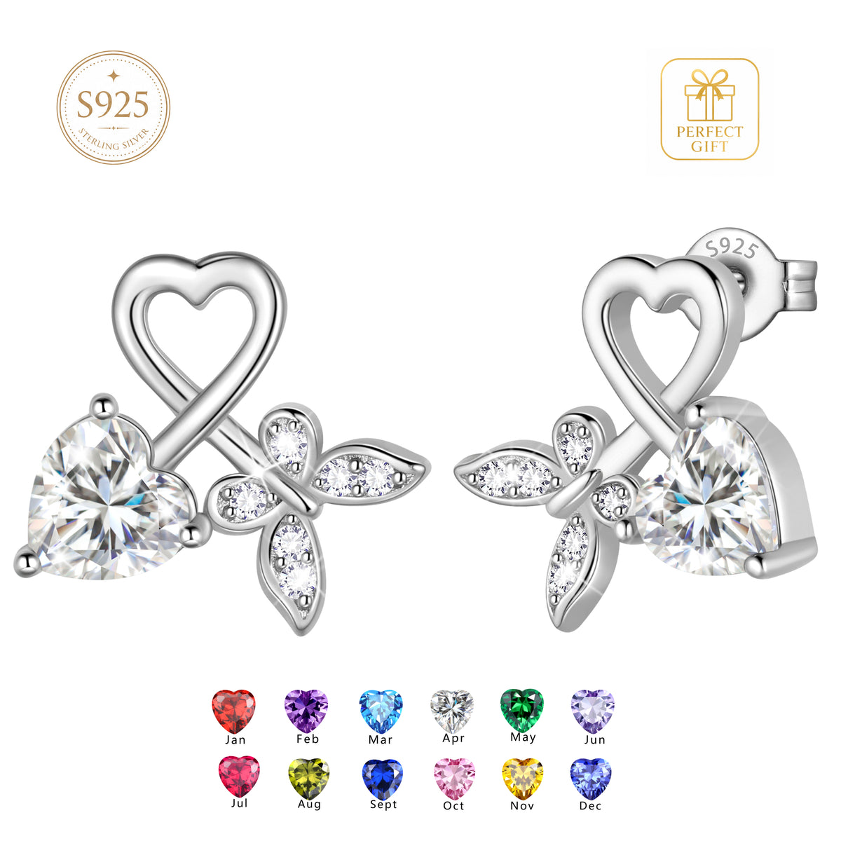 Beautlace 925 Sterling Silver Heart Stud Earrings,Butterfly Birthstone Earrings Jewelry,Birthday Christmas Anniversary Gift for Women/Mom/Wife