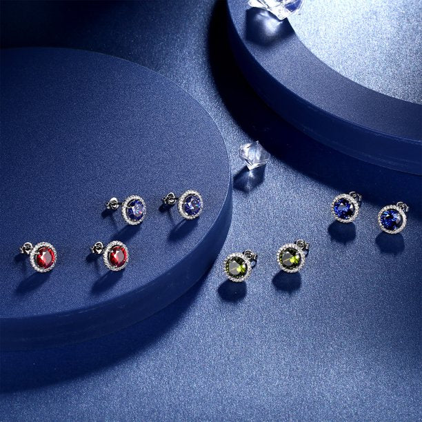 Beautlace Boucles d'oreilles à tige avec pierre de naissance plaquée argent, boucles d'oreilles rondes avec pierre de naissance, bijoux de mariée, cadeaux d'anniversaire pour filles et femmes 