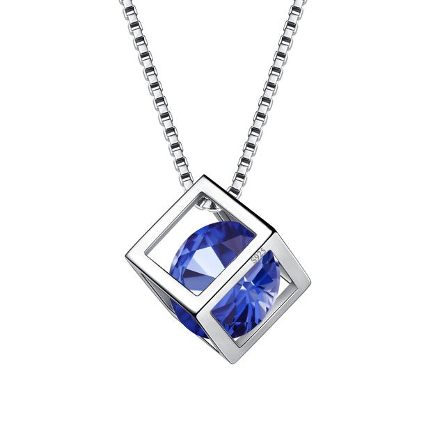 Beautlace Collier avec pierre de naissance en argent sterling 925, pendentif cube 3D, pierre de naissance, bijoux d'anniversaire, cadeaux de Noël pour femmes et filles 