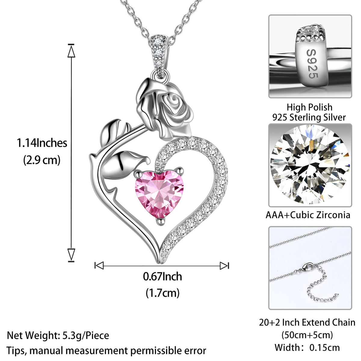 Beautlace Collier avec pierre de naissance en argent sterling 925 pour femme, pendentif en forme de cœur et de fleur de rose, bijoux fins, cadeaux d'anniversaire, de Noël pour femmes et filles