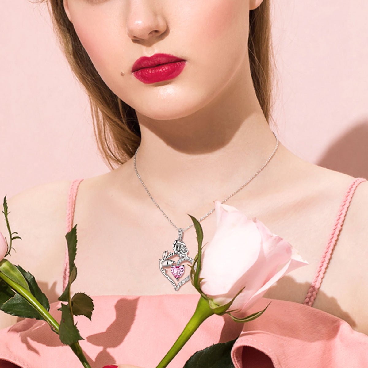 Beautlace Collier avec pierre de naissance en argent sterling 925 pour femme, pendentif en forme de cœur et de fleur de rose, bijoux fins, cadeaux d'anniversaire, de Noël pour femmes et filles