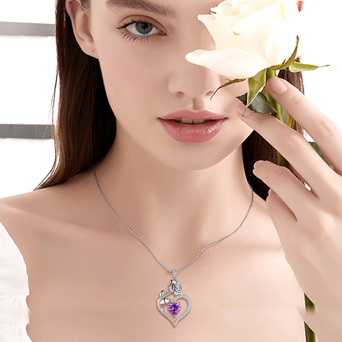 Beautlace Collier avec pierre de naissance en argent sterling 925 pour femme, pendentif en forme de cœur et de fleur de rose, bijoux fins, cadeaux d'anniversaire, de Noël pour femmes et filles