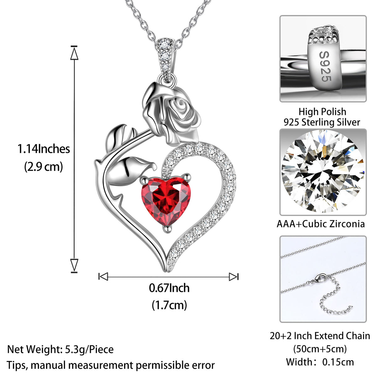 Beautlace Collier avec pierre de naissance en argent sterling 925 pour femme, pendentif en forme de cœur et de fleur de rose, bijoux fins, cadeaux d'anniversaire, de Noël pour femmes et filles