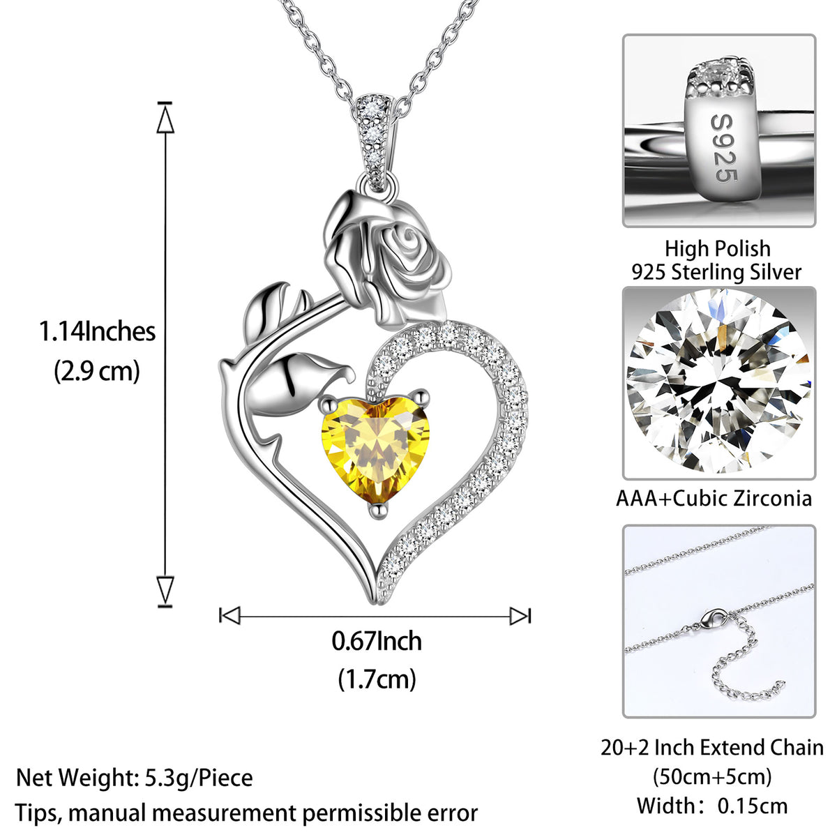 Beautlace Collier avec pierre de naissance en argent sterling 925 pour femme, pendentif en forme de cœur et de fleur de rose, bijoux fins, cadeaux d'anniversaire, de Noël pour femmes et filles