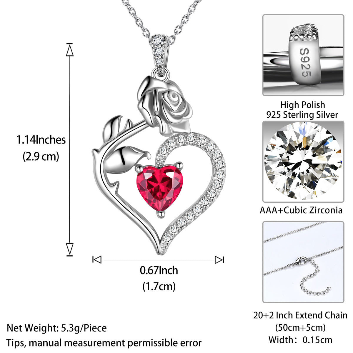 Beautlace Collier avec pierre de naissance en argent sterling 925 pour femme, pendentif en forme de cœur et de fleur de rose, bijoux fins, cadeaux d'anniversaire, de Noël pour femmes et filles