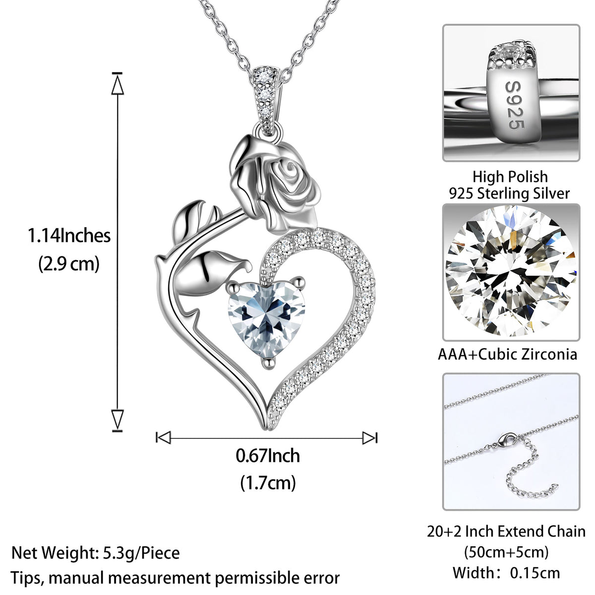 Beautlace Collier avec pierre de naissance en argent sterling 925 pour femme, pendentif en forme de cœur et de fleur de rose, bijoux fins, cadeaux d'anniversaire, de Noël pour femmes et filles