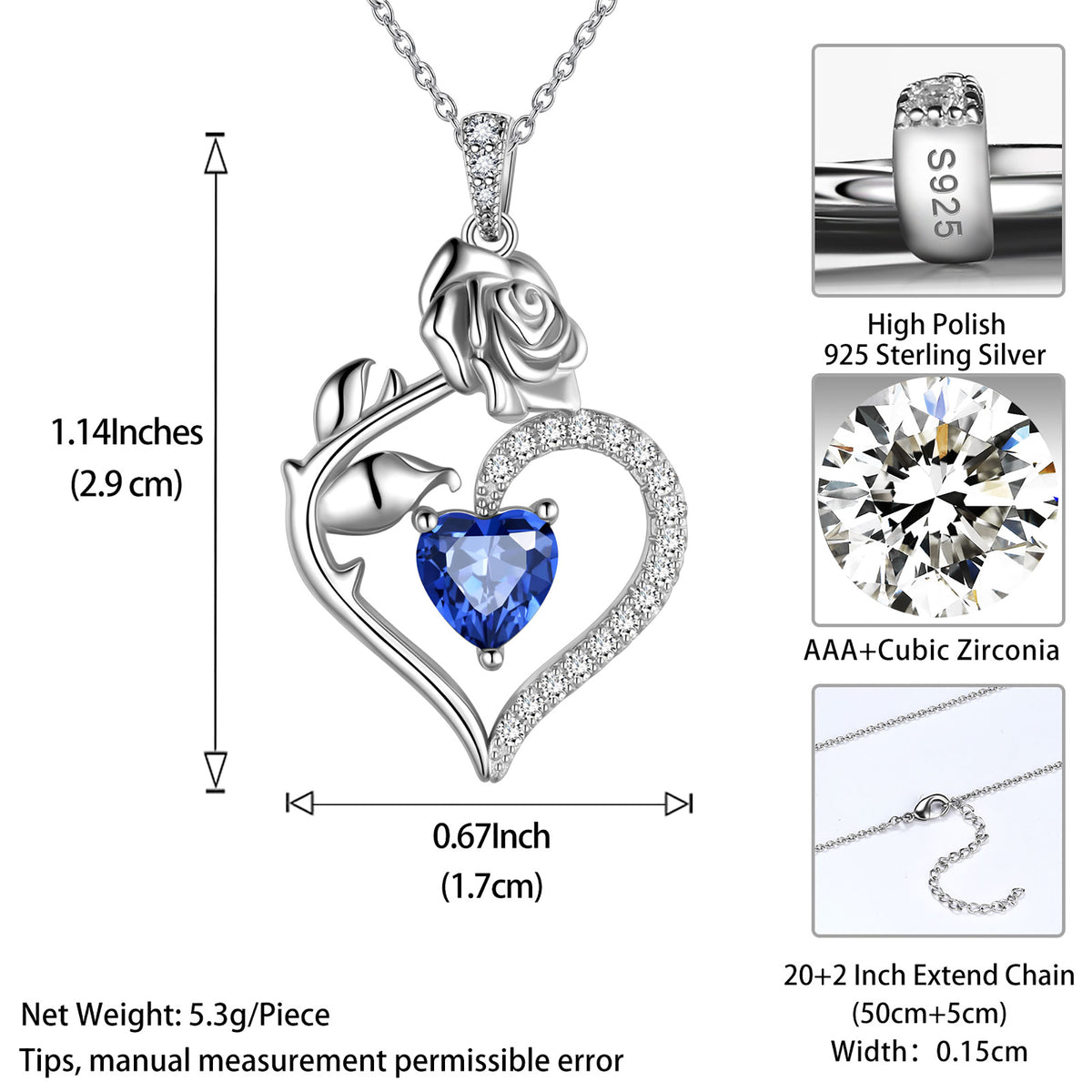 Beautlace Collier avec pierre de naissance en argent sterling 925 pour femme, pendentif en forme de cœur et de fleur de rose, bijoux fins, cadeaux d'anniversaire, de Noël pour femmes et filles
