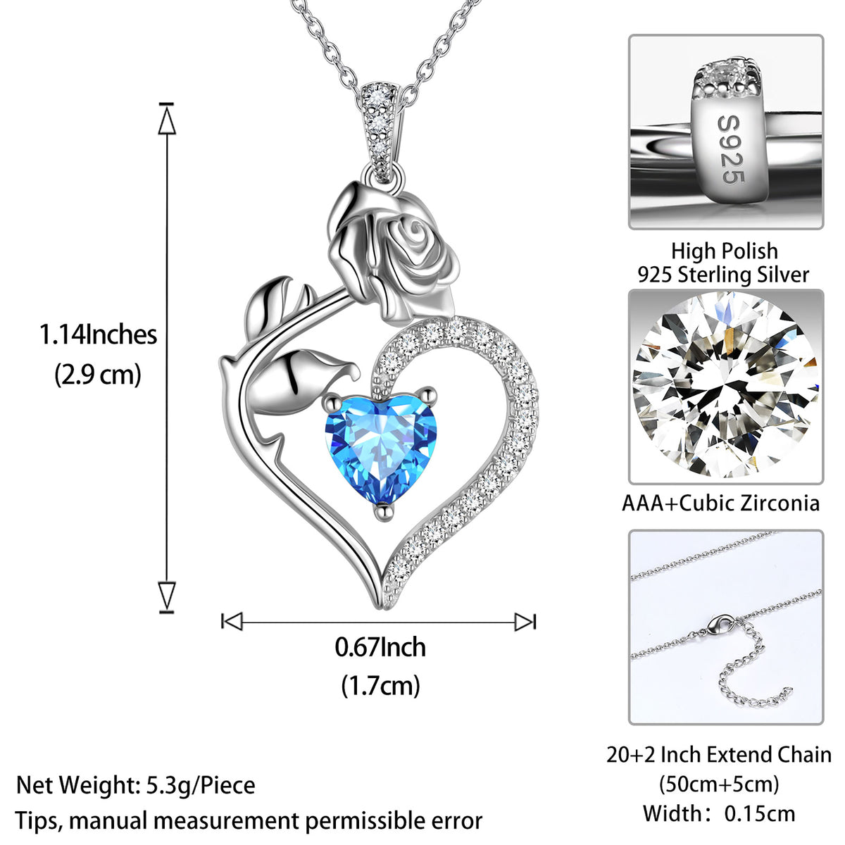 Beautlace Collier avec pierre de naissance en argent sterling 925 pour femme, pendentif en forme de cœur et de fleur de rose, bijoux fins, cadeaux d'anniversaire, de Noël pour femmes et filles