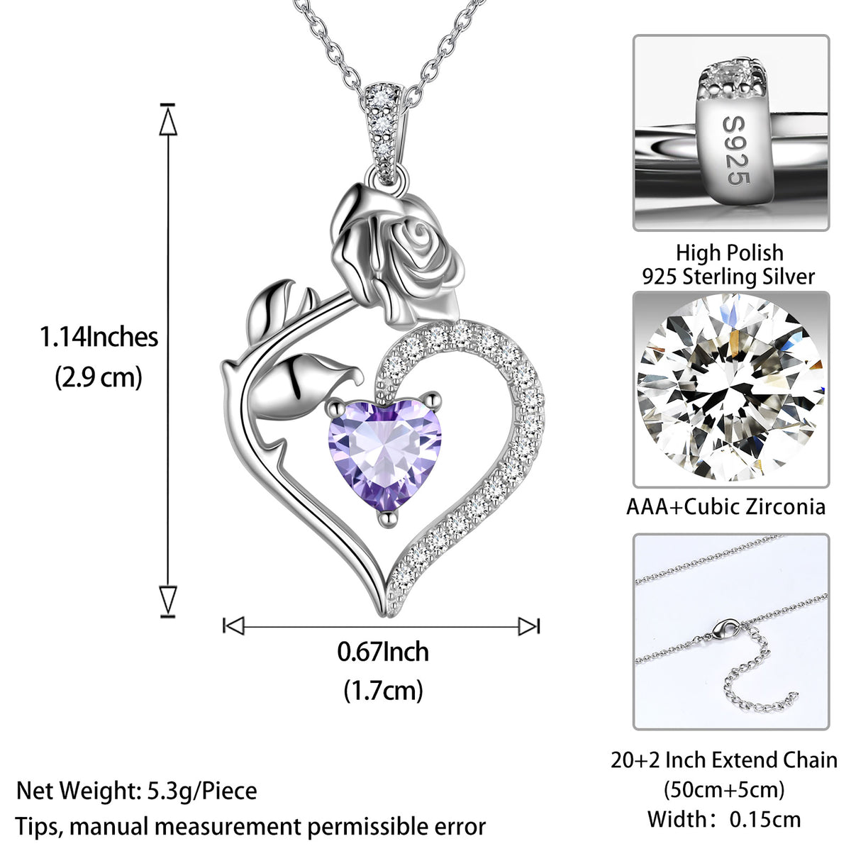 Beautlace Collier avec pierre de naissance en argent sterling 925 pour femme, pendentif en forme de cœur et de fleur de rose, bijoux fins, cadeaux d'anniversaire, de Noël pour femmes et filles