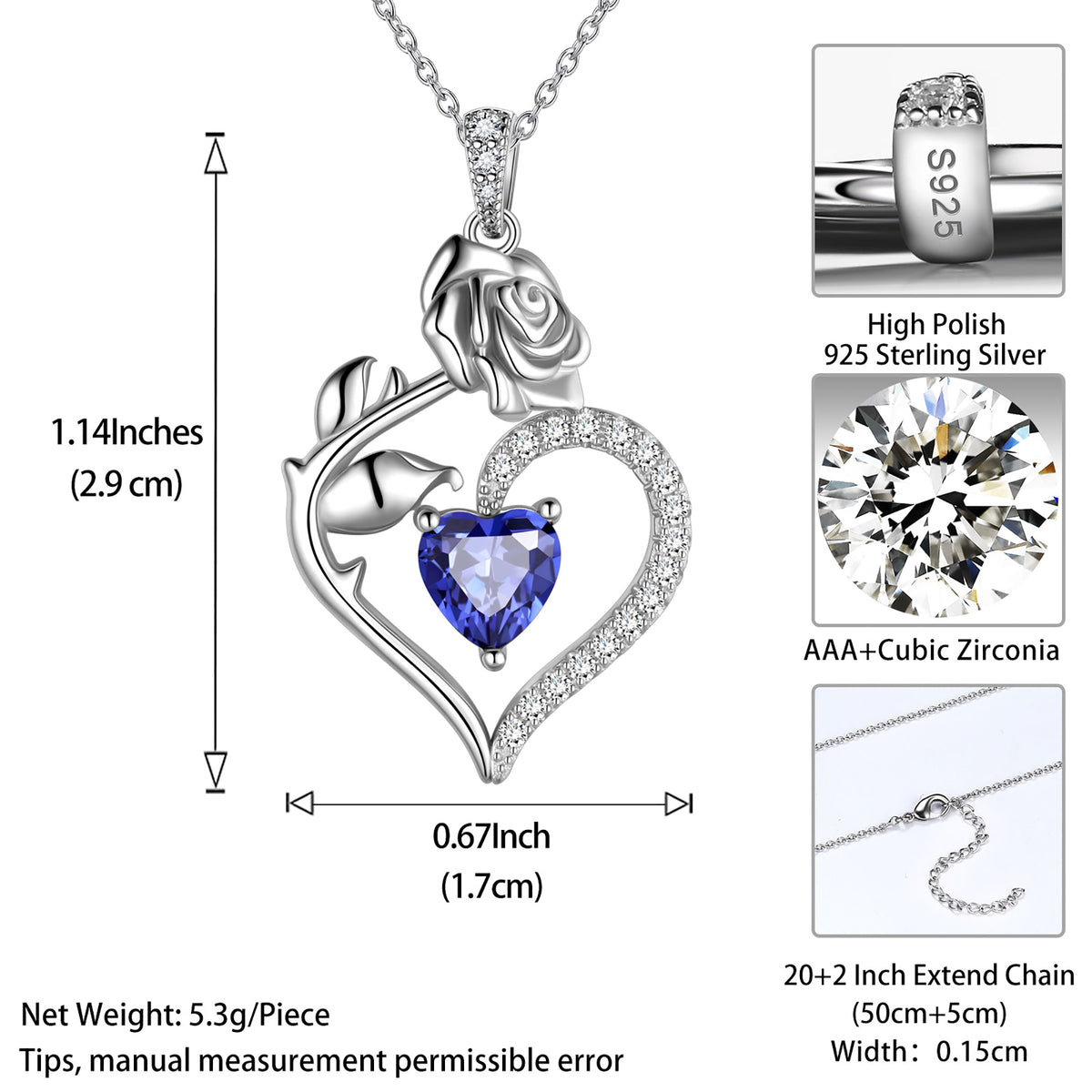 Beautlace Collier avec pierre de naissance en argent sterling 925 pour femme, pendentif en forme de cœur et de fleur de rose, bijoux fins, cadeaux d'anniversaire, de Noël pour femmes et filles
