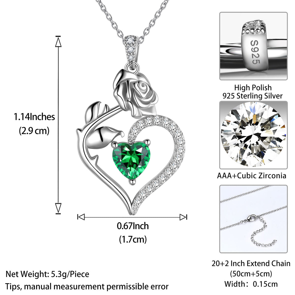 Beautlace Collier avec pierre de naissance en argent sterling 925 pour femme, pendentif en forme de cœur et de fleur de rose, bijoux fins, cadeaux d'anniversaire, de Noël pour femmes et filles