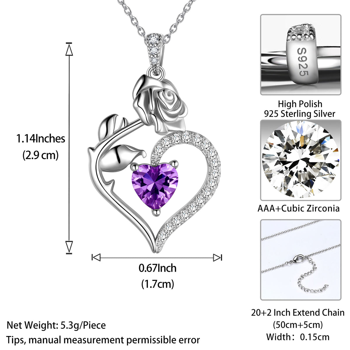 Beautlace Collier avec pierre de naissance en argent sterling 925 pour femme, pendentif en forme de cœur et de fleur de rose, bijoux fins, cadeaux d'anniversaire, de Noël pour femmes et filles