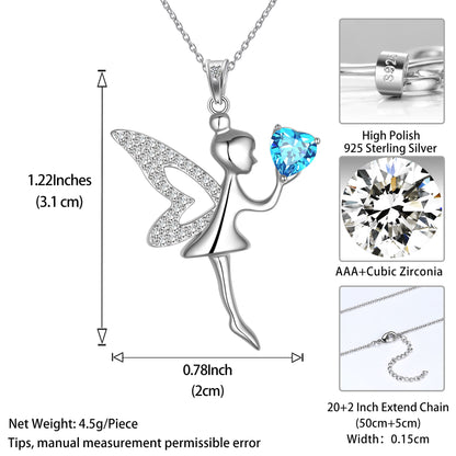 Beautlace Fairy with Heart Blue Crystal Pendant Necklace ,925 Sterling Silver Fairy Necklace Jewelry Gifts for Teens Kids Daughter Sister