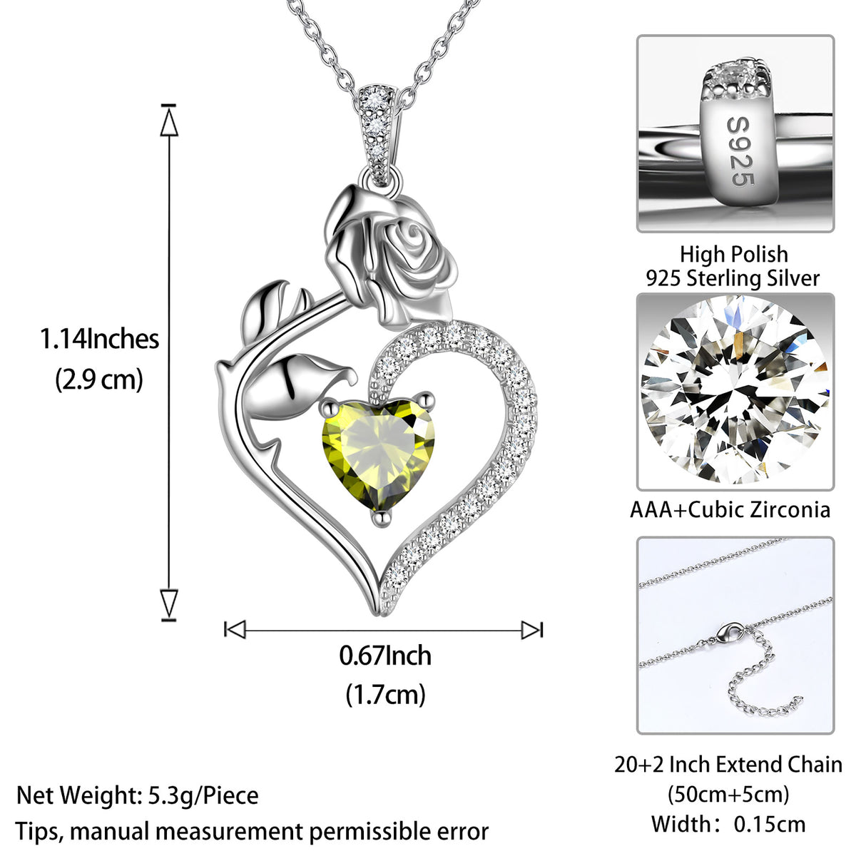 Beautlace Collier avec pierre de naissance en argent sterling 925 pour femme, pendentif en forme de cœur et de fleur de rose, bijoux fins, cadeaux d'anniversaire, de Noël pour femmes et filles
