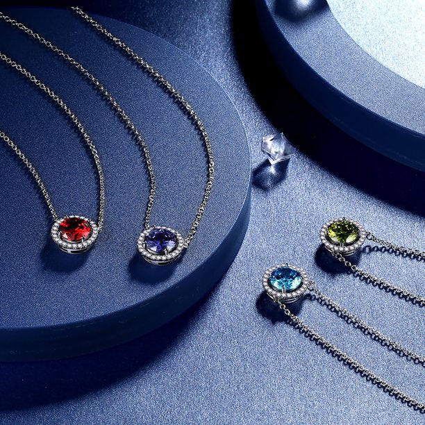 Beautlace Colliers avec pierre de naissance plaqué argent, pendentif de forme ronde, collier avec pierre de naissance, bijoux cadeaux d'anniversaire pour hommes et femmes