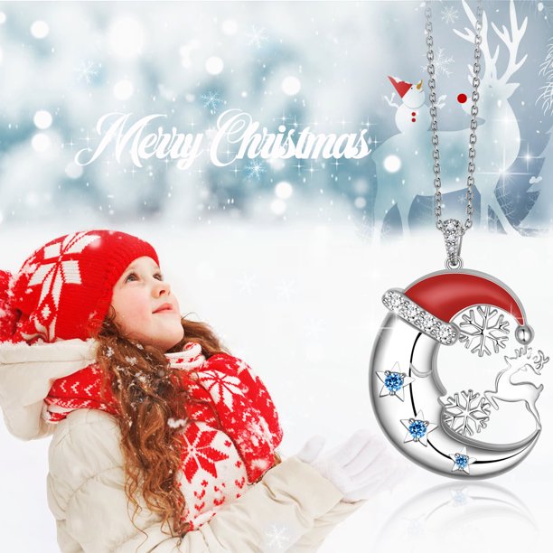 Beautlace Christmas Santa Hat Crescent Moon Necklace 925 Sterling Silver Antler Reindeer Snowflake Necklace,Cute Christmas Necklace for Women Girls Blue Crystal Santa Claus Necklace Gifts Xmas Jewelry