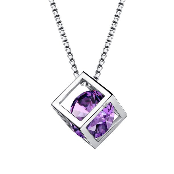 Beautlace Collier avec pierre de naissance en argent sterling 925, pendentif cube 3D, pierre de naissance, bijoux d'anniversaire, cadeaux de Noël pour femmes et filles 