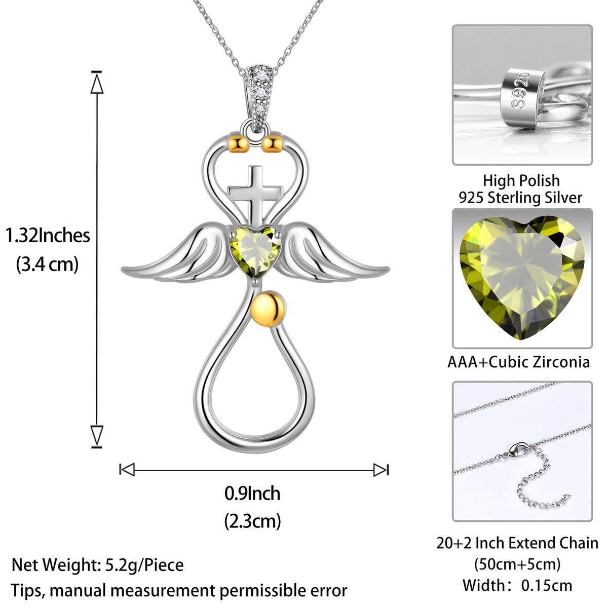 Beautlace Collier d'infirmière en or 18 carats sur argent sterling 925 avec croix d'aile d'ange et stéthoscope avec cœur et pierre de naissance, bijoux médicaux, cadeau pour médecin, infirmière, diplôme d'étudiant en médecine