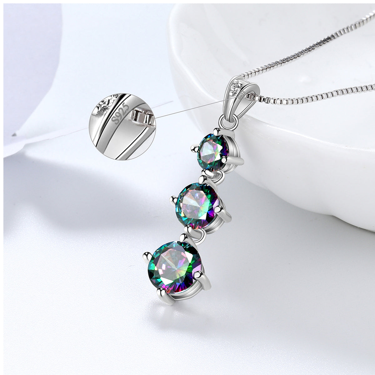 Beautlace 925 Sterling Silver Green Mystic Topaz Three Stone Pendant Necklace for Women Girls