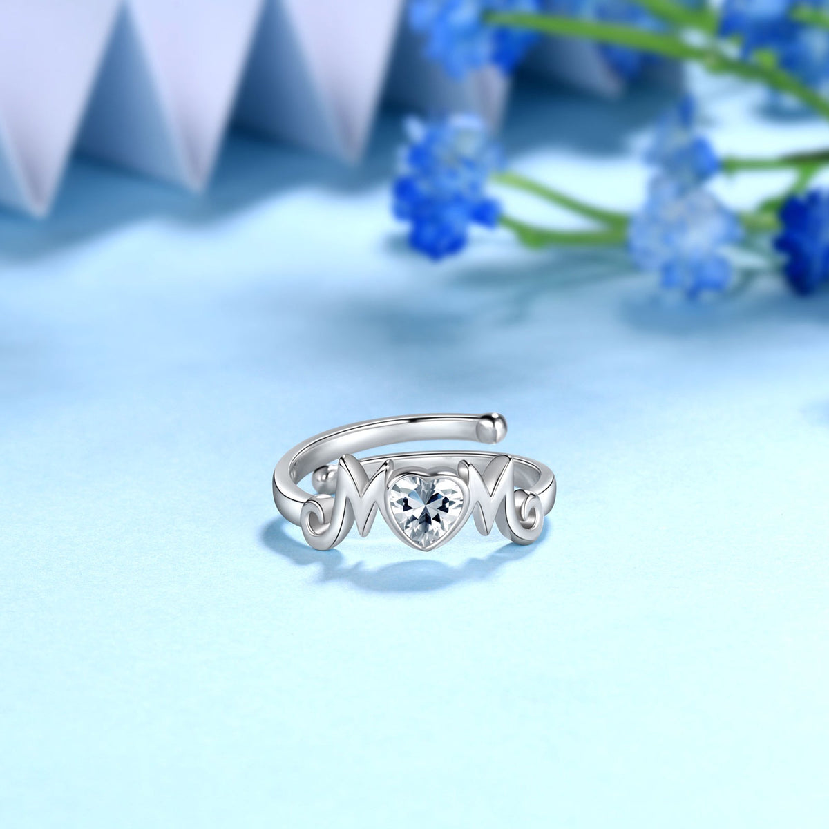 Beautlace 18k White Gold over 925 Sterling Silver Heart Mom Mother Rings,Cubic Zirconi Birthstone Adjustable Ring for Mum's Gift Grandma's Gift