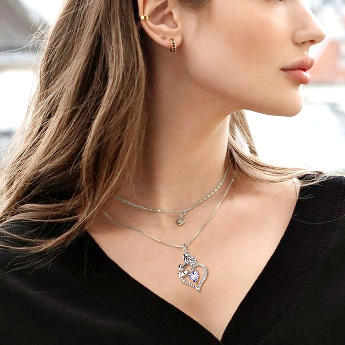 Beautlace Collier avec pierre de naissance en argent sterling 925 pour femme, pendentif en forme de cœur et de fleur de rose, bijoux fins, cadeaux d'anniversaire, de Noël pour femmes et filles