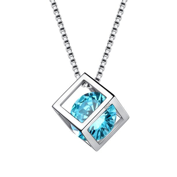 Beautlace Collier avec pierre de naissance en argent sterling 925, pendentif cube 3D, pierre de naissance, bijoux d'anniversaire, cadeaux de Noël pour femmes et filles 