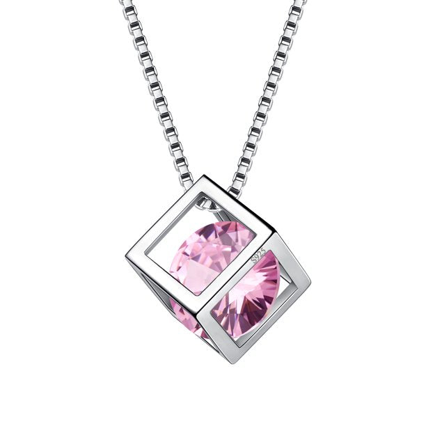 Beautlace Collier avec pierre de naissance en argent sterling 925, pendentif cube 3D, pierre de naissance, bijoux d'anniversaire, cadeaux de Noël pour femmes et filles 