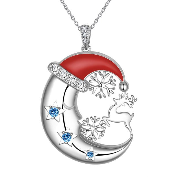 Beautlace Christmas Santa Hat Crescent Moon Necklace 925 Sterling Silver Antler Reindeer Snowflake Necklace,Cute Christmas Necklace for Women Girls Blue Crystal Santa Claus Necklace Gifts Xmas Jewelry