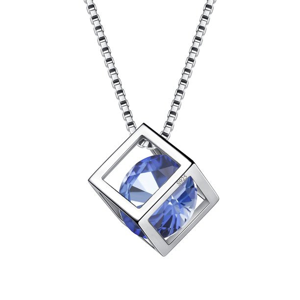 Beautlace Collier avec pierre de naissance en argent sterling 925, pendentif cube 3D, pierre de naissance, bijoux d'anniversaire, cadeaux de Noël pour femmes et filles 