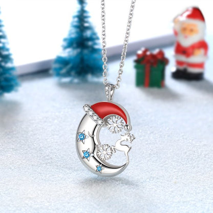 Beautlace Christmas Santa Hat Crescent Moon Necklace 925 Sterling Silver Antler Reindeer Snowflake Necklace,Cute Christmas Necklace for Women Girls Blue Crystal Santa Claus Necklace Gifts Xmas Jewelry