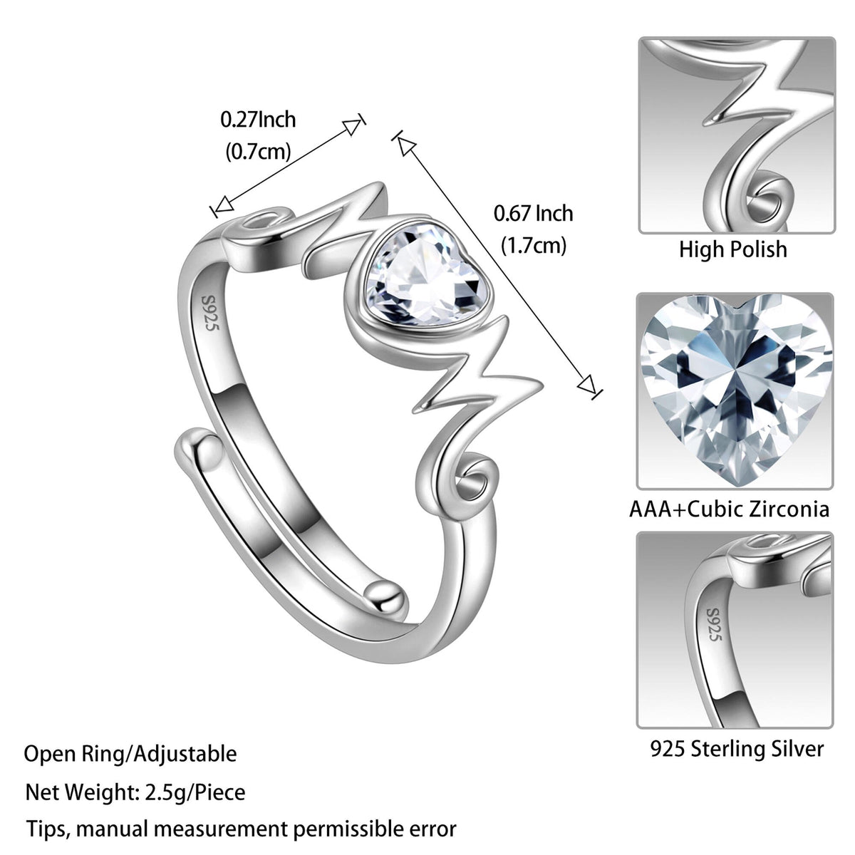 Beautlace 18k White Gold over 925 Sterling Silver Heart Mom Mother Rings,Cubic Zirconi Birthstone Adjustable Ring for Mum's Gift Grandma's Gift