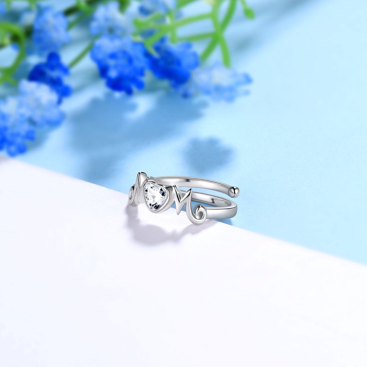 Beautlace 18k White Gold over 925 Sterling Silver Heart Mom Mother Rings,Cubic Zirconi Birthstone Adjustable Ring for Mum's Gift Grandma's Gift