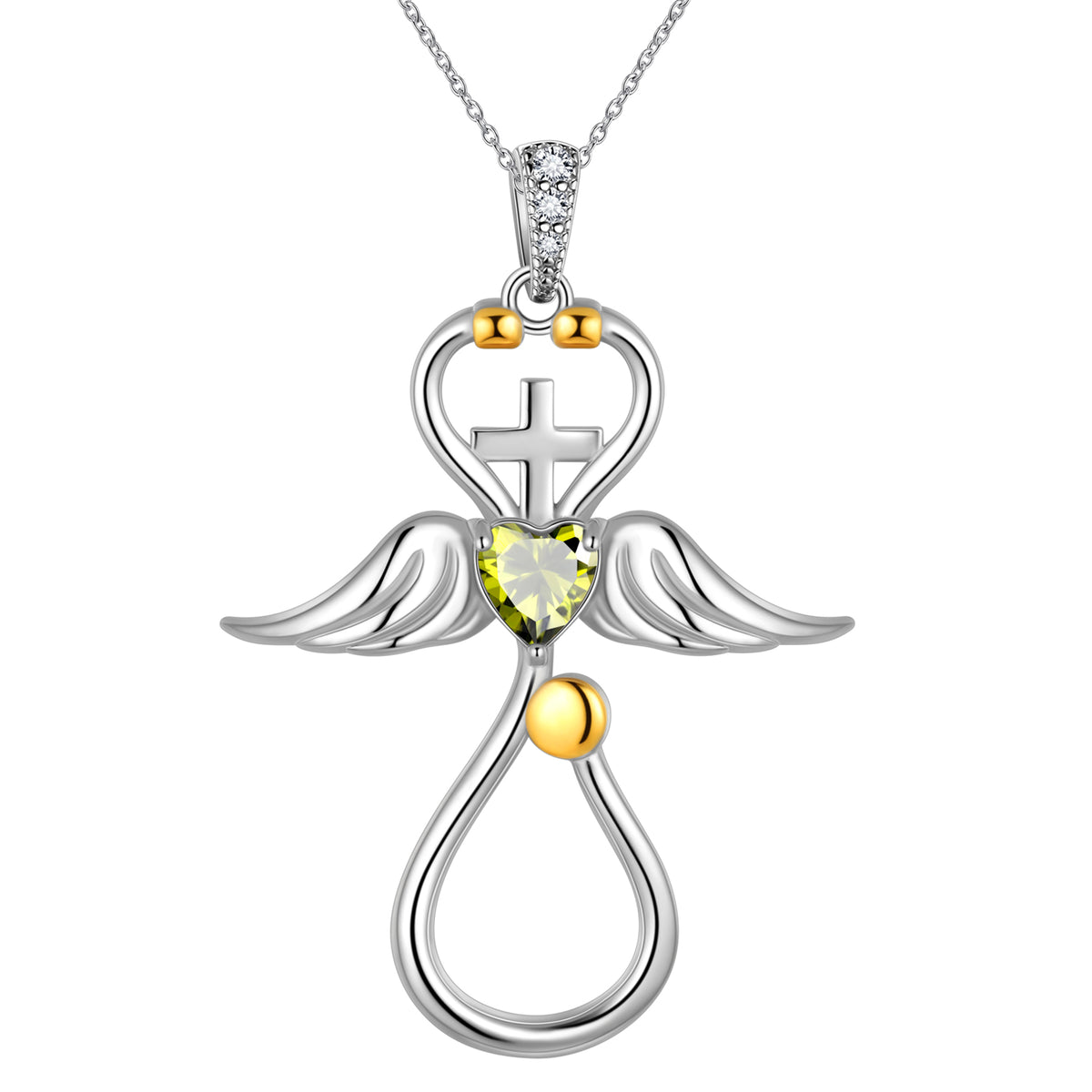 Beautlace Collier d'infirmière en or 18 carats sur argent sterling 925 avec croix d'aile d'ange et stéthoscope avec cœur et pierre de naissance, bijoux médicaux, cadeau pour médecin, infirmière, diplôme d'étudiant en médecine