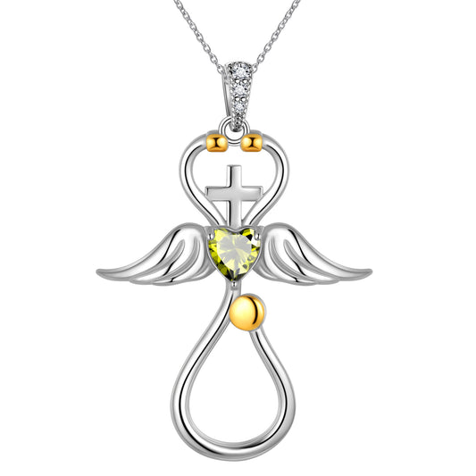 Beautlace Collier d'infirmière en or 18 carats sur argent sterling 925 avec croix d'aile d'ange et stéthoscope avec cœur et pierre de naissance, bijoux médicaux, cadeau pour médecin, infirmière, diplôme d'étudiant en médecine