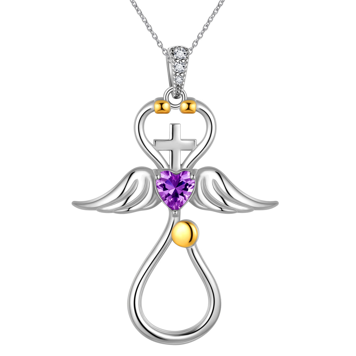 Beautlace Collier d'infirmière en or 18 carats sur argent sterling 925 avec croix d'aile d'ange et stéthoscope avec cœur et pierre de naissance, bijoux médicaux, cadeau pour médecin, infirmière, diplôme d'étudiant en médecine