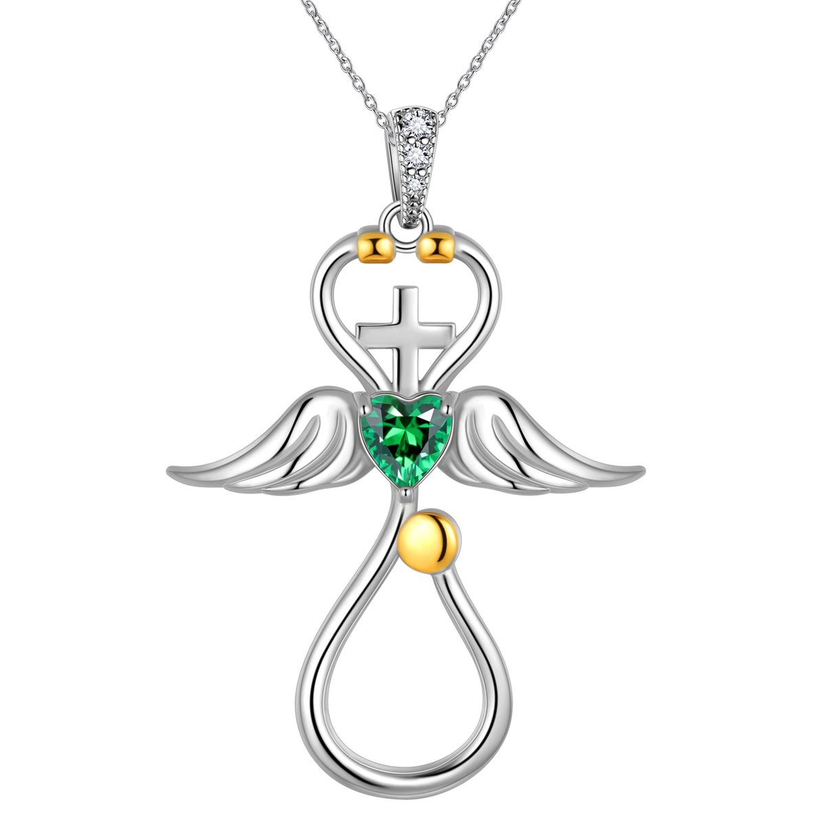 Beautlace Collier d'infirmière en or 18 carats sur argent sterling 925 avec croix d'aile d'ange et stéthoscope avec cœur et pierre de naissance, bijoux médicaux, cadeau pour médecin, infirmière, diplôme d'étudiant en médecine