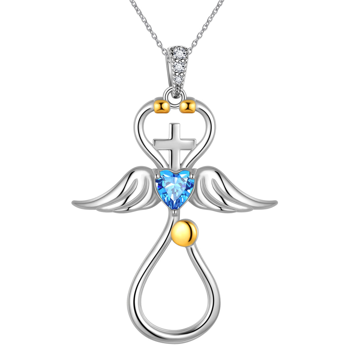 Beautlace Collier d'infirmière en or 18 carats sur argent sterling 925 avec croix d'aile d'ange et stéthoscope avec cœur et pierre de naissance, bijoux médicaux, cadeau pour médecin, infirmière, diplôme d'étudiant en médecine
